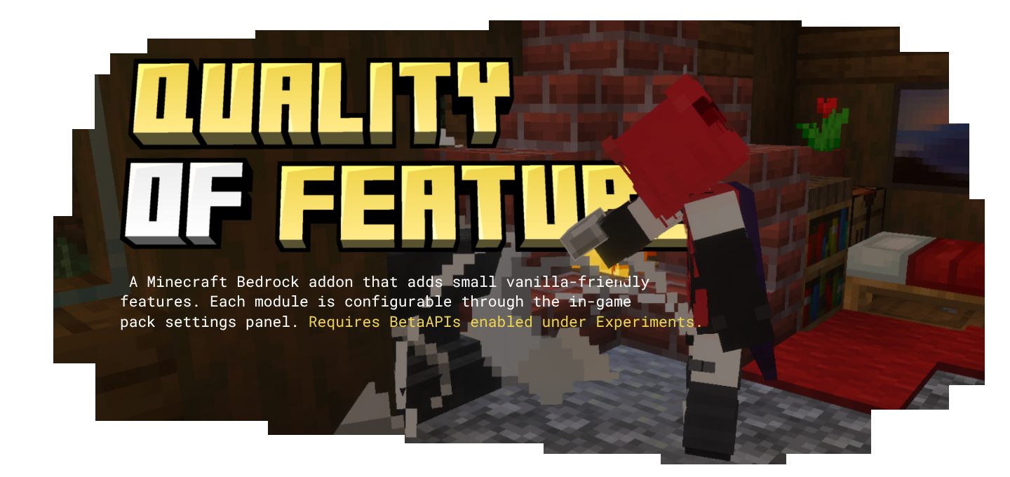 An addon developer repairing a damaged anvil with iron ingots in the background, with the title 'Quality of Feature' in the top-left alongside an addon description